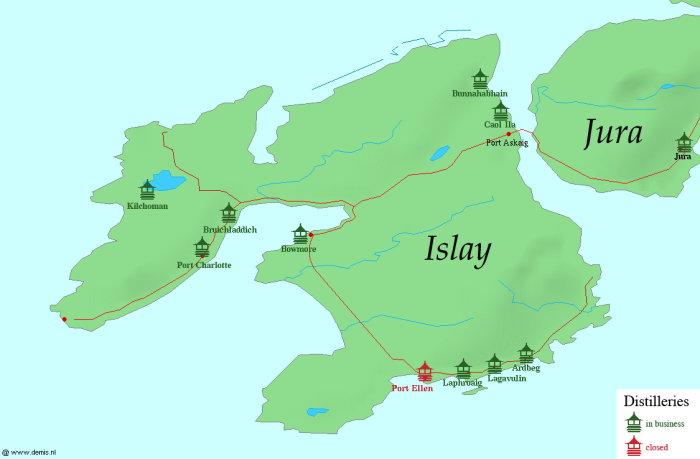 La distribuzione delle distillerie su Islay